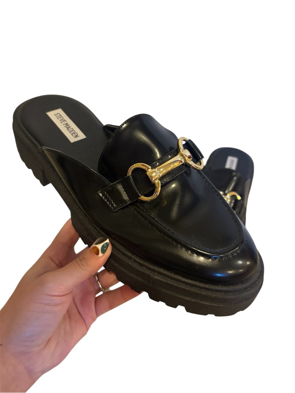 Steve Madden Faux Leather Chunky Platform Mules with Gold Horsebit Accents 8.5